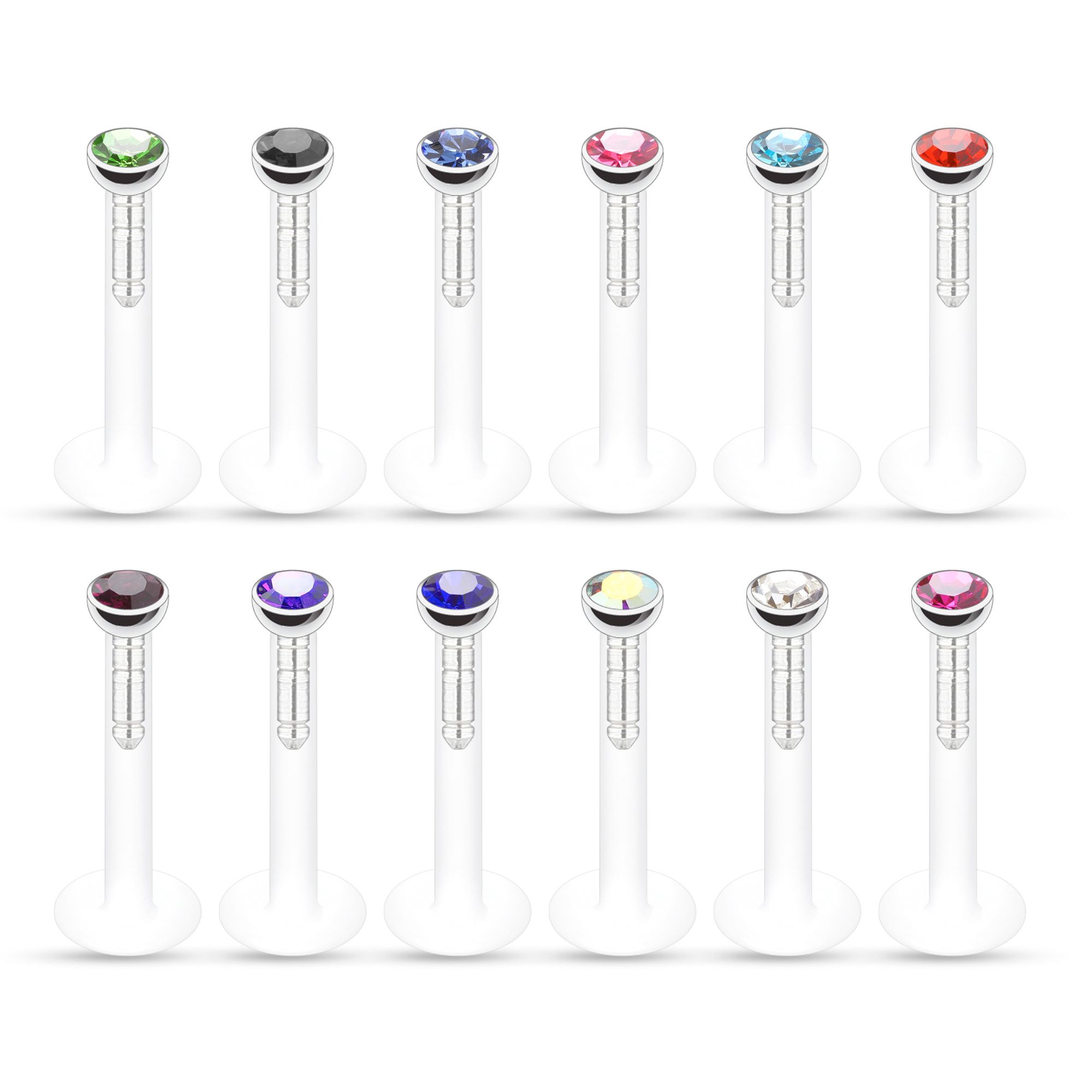 Labret z ptfe z kamieniami w różnych kolorach