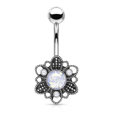 Kolczyk do pępka z antycznym kwiatem i opalitem