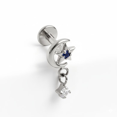 Tytanowy labret z gwiazdką i księżycem oraz zawieszką