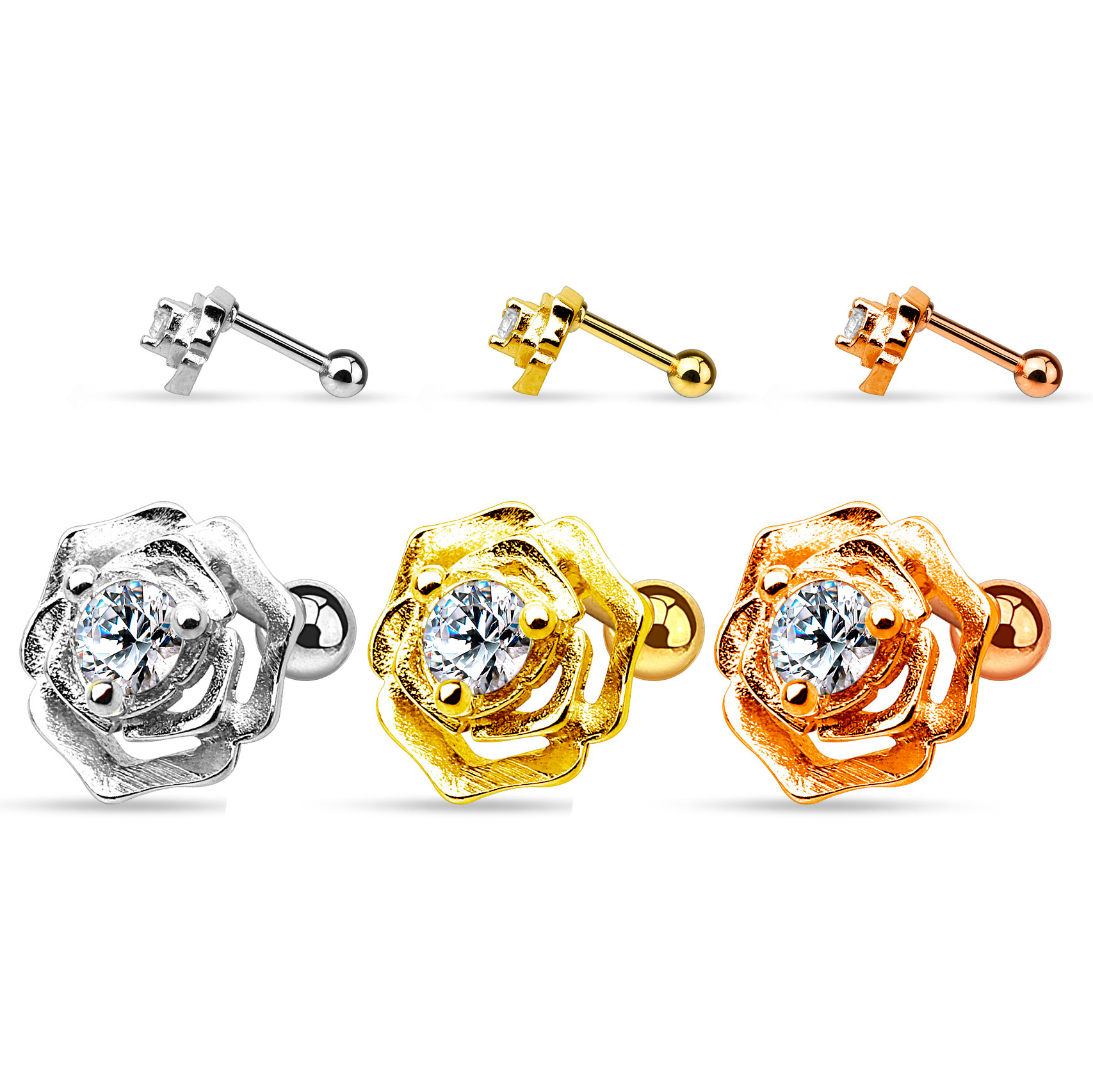 Kolczyk do uszu z różą i kamieniem