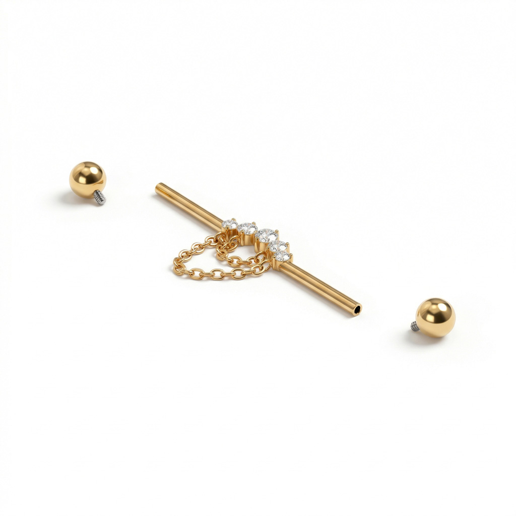 Tytanowa sztanga industrial z kamieniami i łańcuszkami