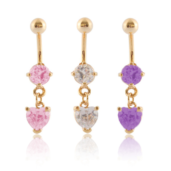 Pozłacany kolczyk do pępka z kamieniem i zawieszką w kształcie serca