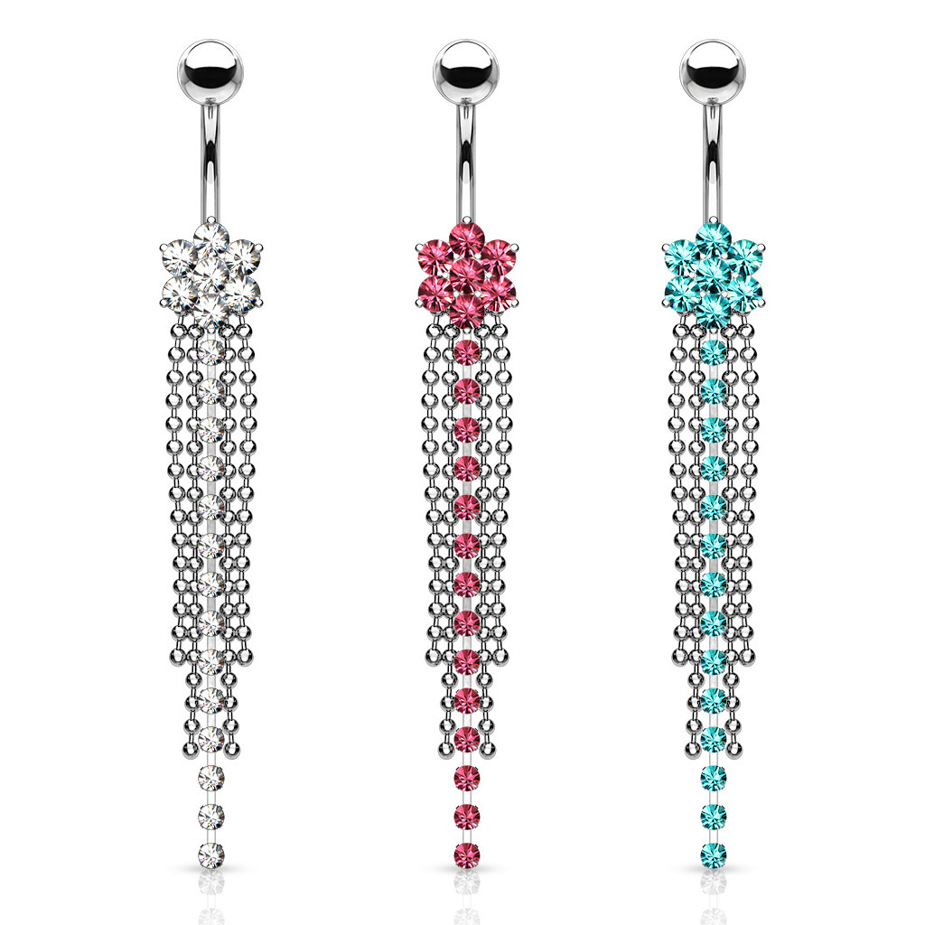 Kolczyk do pępka z kwiatkiem i zawieszką w kształcie łańcucha