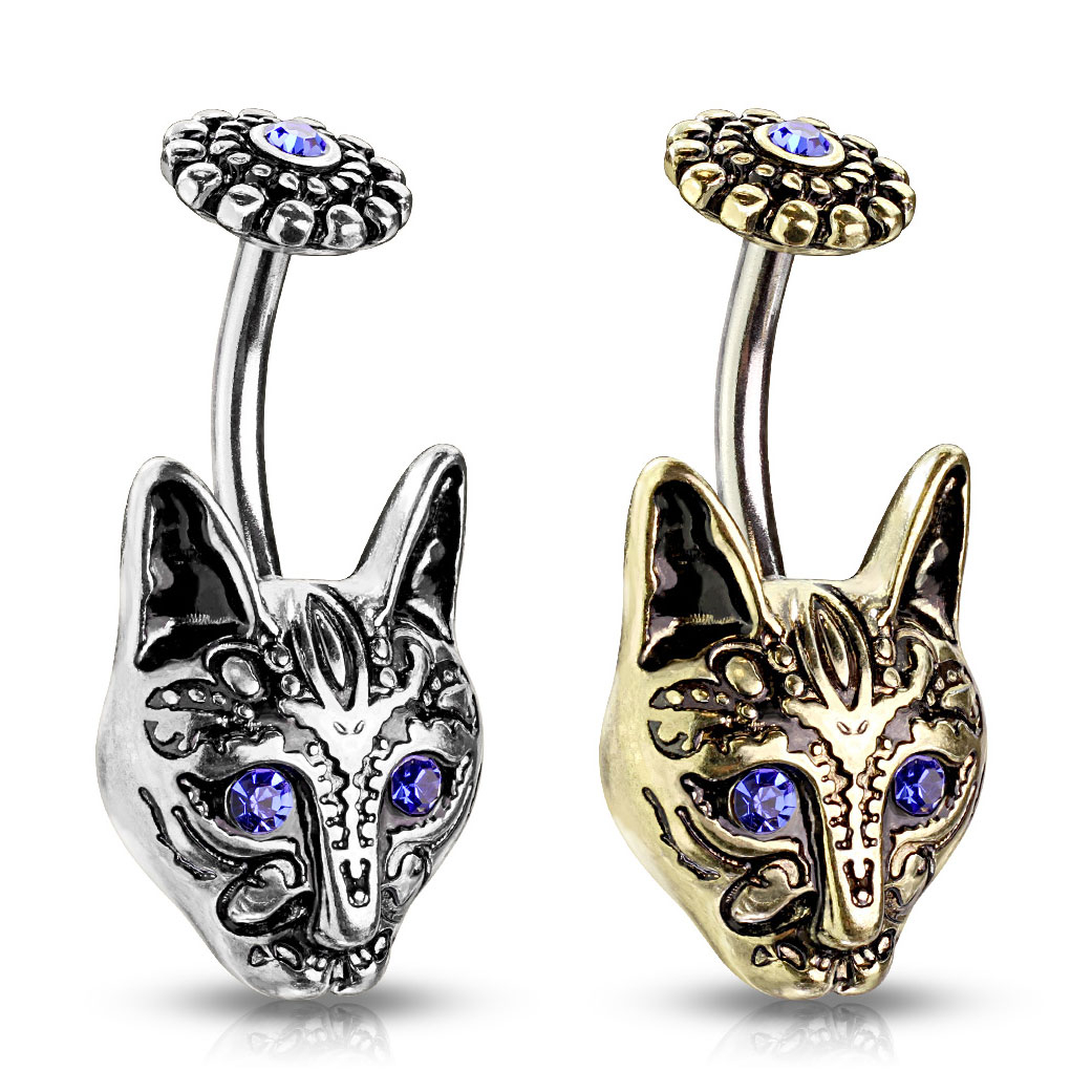 Kolczyk do pępka z kotem tribal o niebieskich oczach