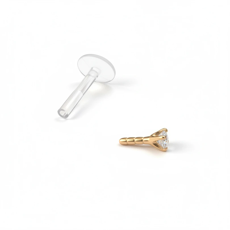 Labret z 14-karatowego złota z okrągłym kamieniem i prętem z ptfe