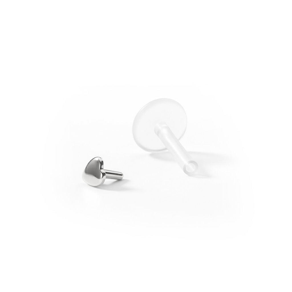 Labret z 14 karatowym sercem-8 mm-14K białe złoto / PTFE-1.2 mm