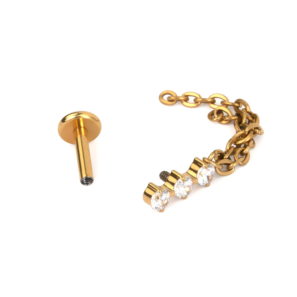 Labret z tytanu z trio kamieniami i zawieszką z podwójnego łańcuszka