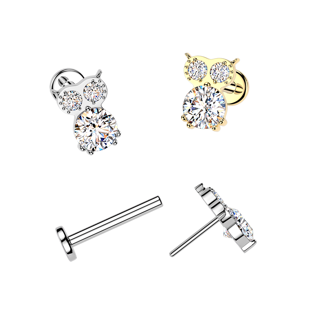 Tytanowy labret z sową i kamieniami