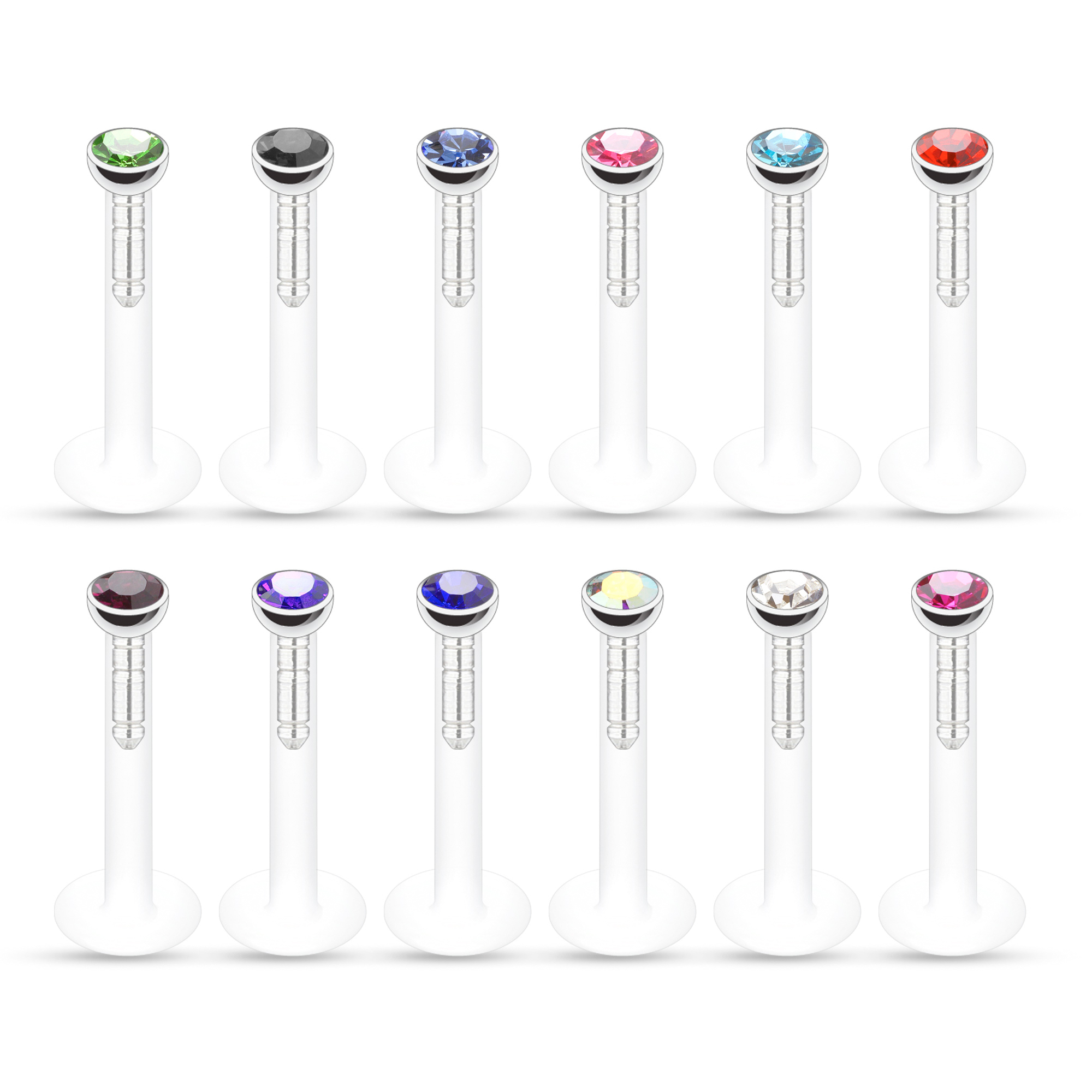 Labret z ptfe z kamieniami w różnych kolorach