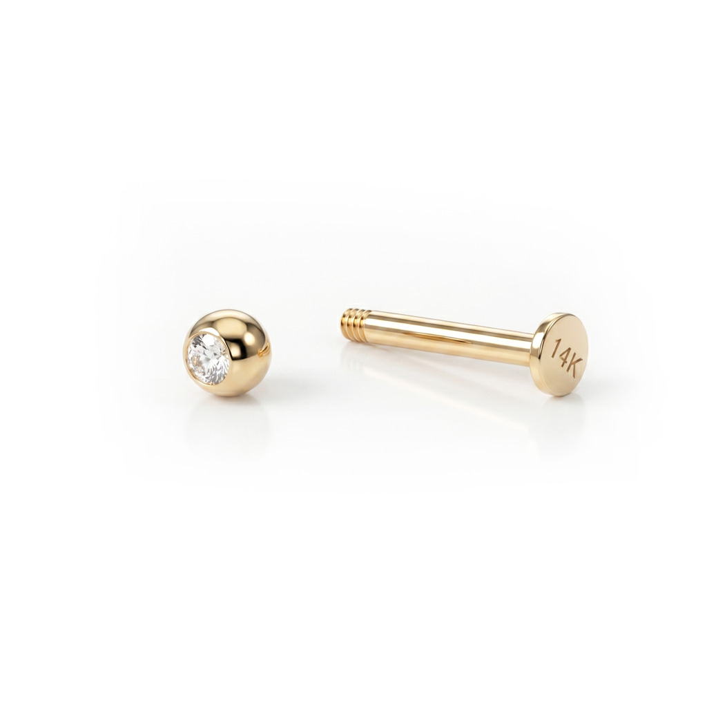 Labret z 14-karatowego złota z kryształkiem