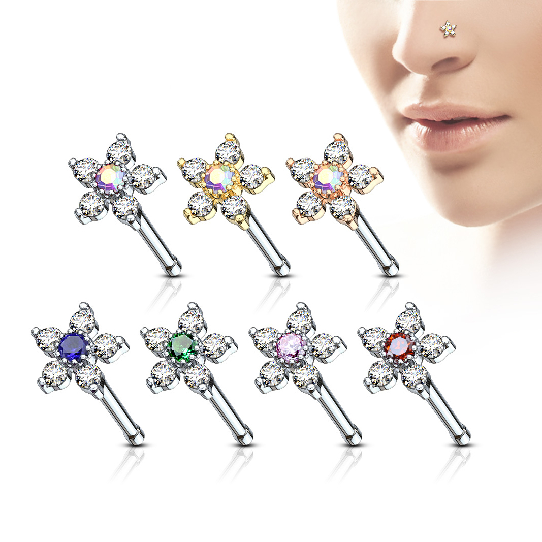 Prosty kolczyk do nosa z kwiatem z kryształków