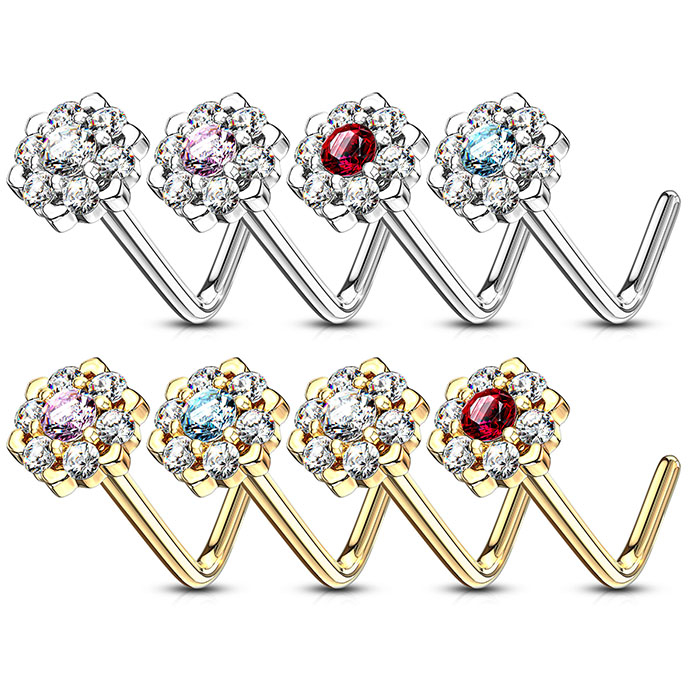 Kolczyk do nosa z 14k złota z wysadzanym kwiatem lotosu