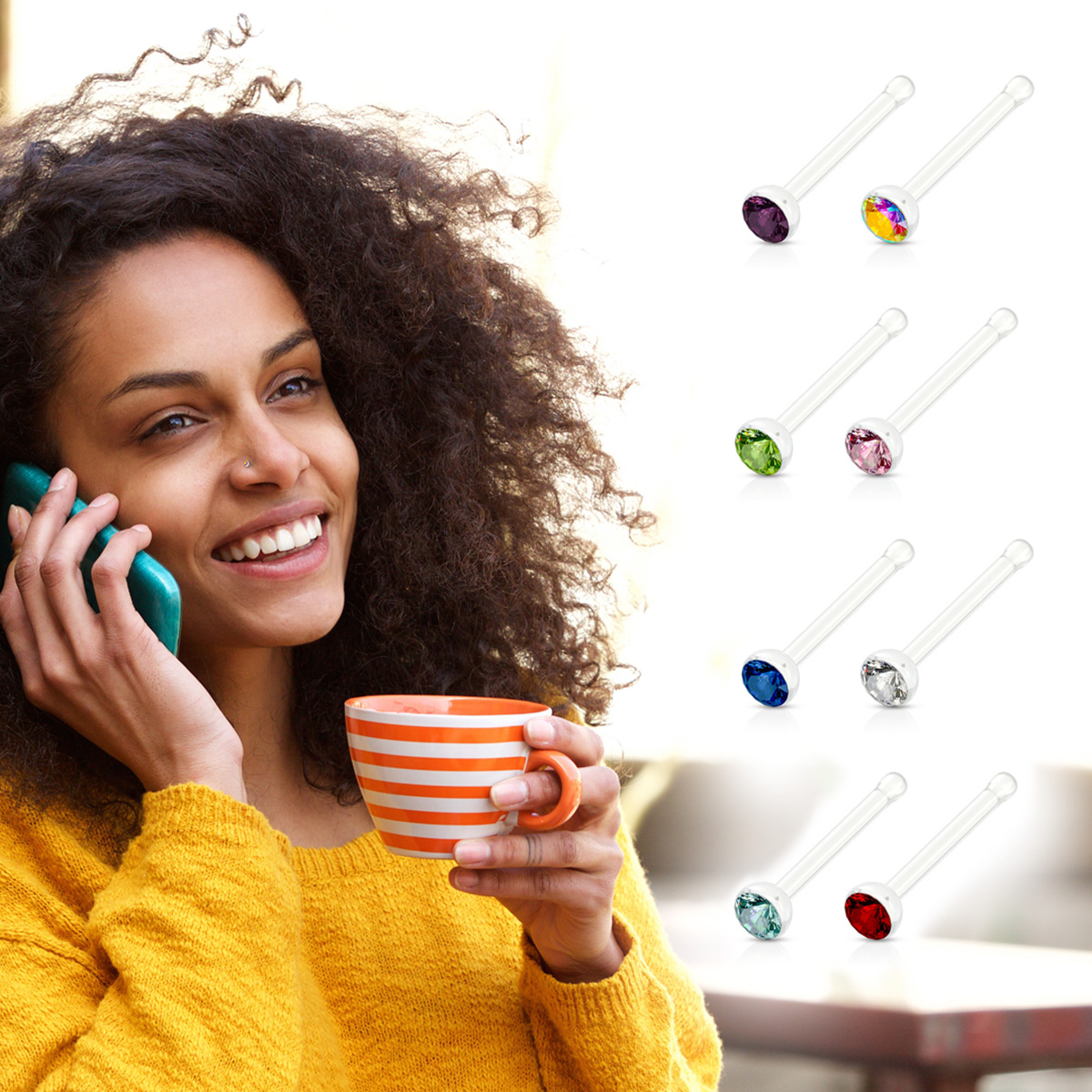 Zestaw prostych kolczyków do nosa z 8 różnymi kolorowymi kamieniami