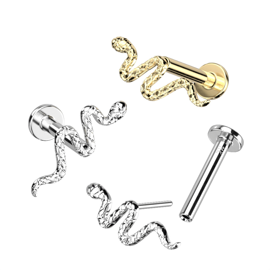 Wpychany labret z 14K złota z oryginalnym wężem